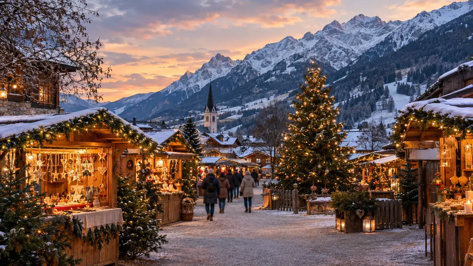 Kleiner Adventmarkt in der Dämmerung mit beleuchteten Holzständen, Christbaum und leichtem Schnee in den Bergen