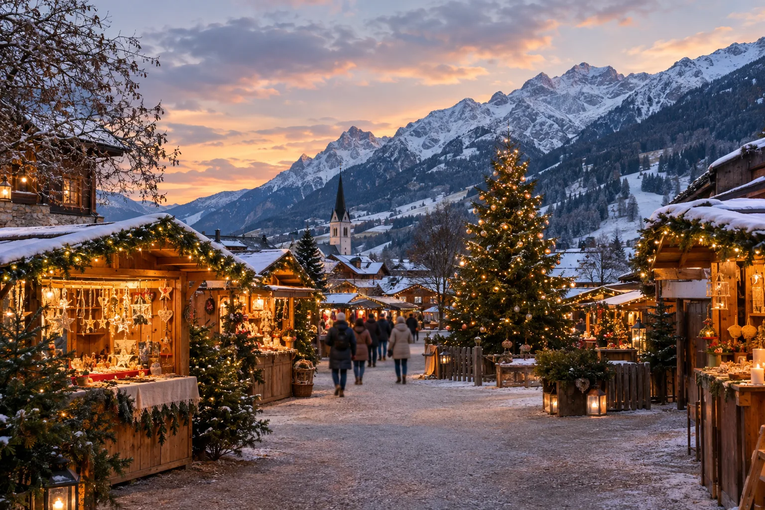 Kleiner Adventmarkt in der Dämmerung mit beleuchteten Holzständen, Christbaum und leichtem Schnee in den Bergen
