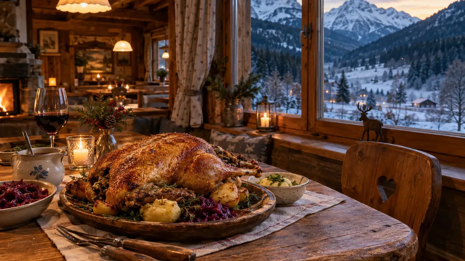 Gebratene Gans auf rustikalem Holztisch in einer Gaststube, draußen Wald und leicht verschneite Berge
