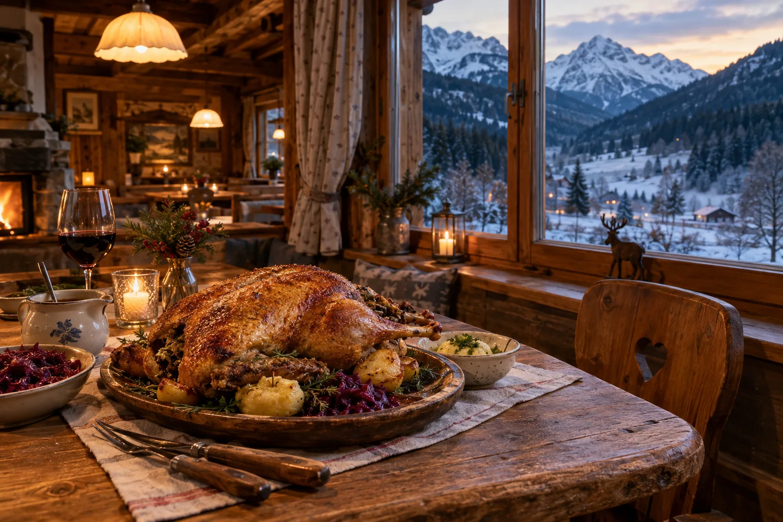 Gebratene Gans auf rustikalem Holztisch in einer Gaststube, draußen Wald und leicht verschneite Berge