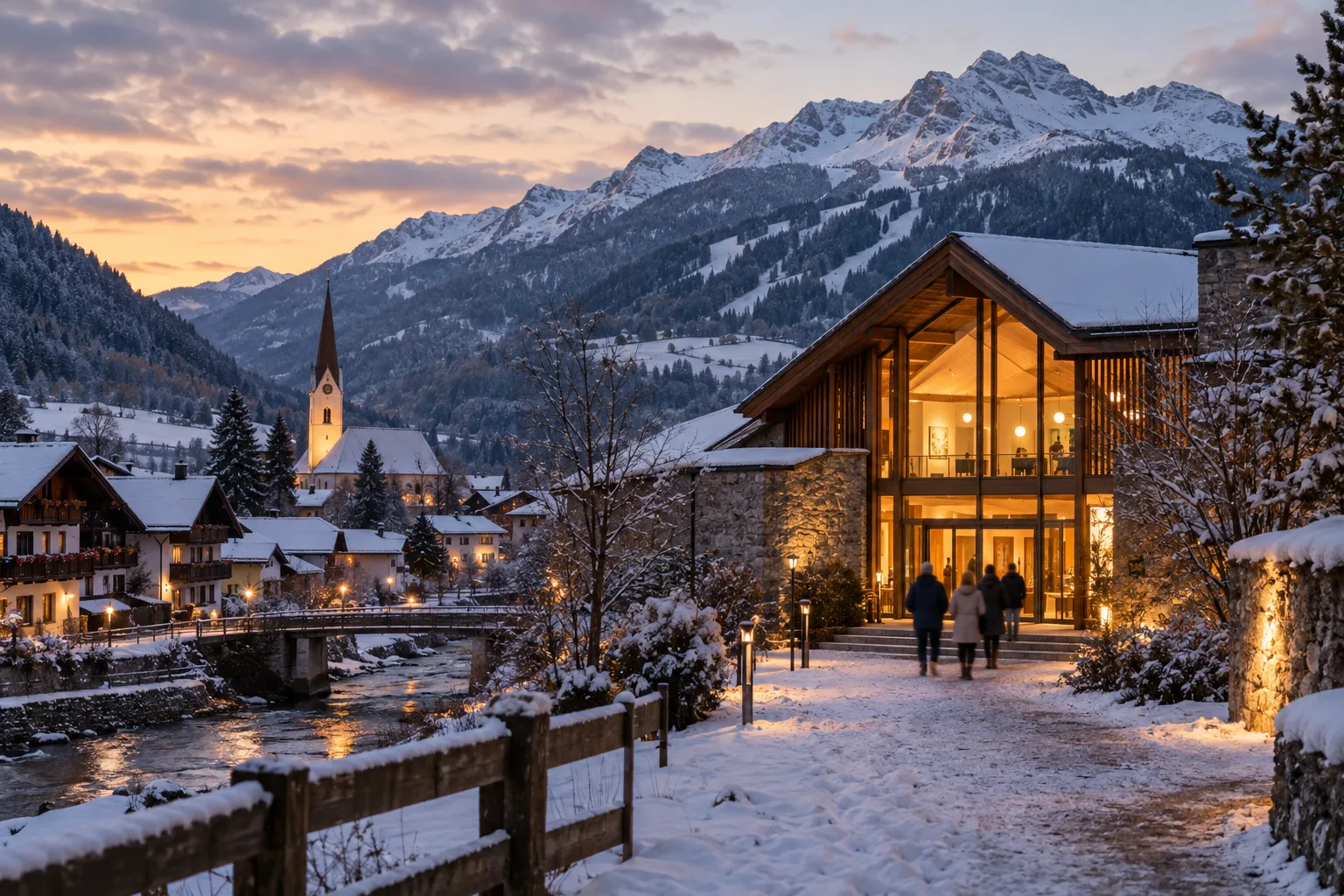 Dorf im Ennstal am frühen Winterabend, leichter Schnee, warm beleuchtetes Kulturhaus und kleine Gestalten von hinten