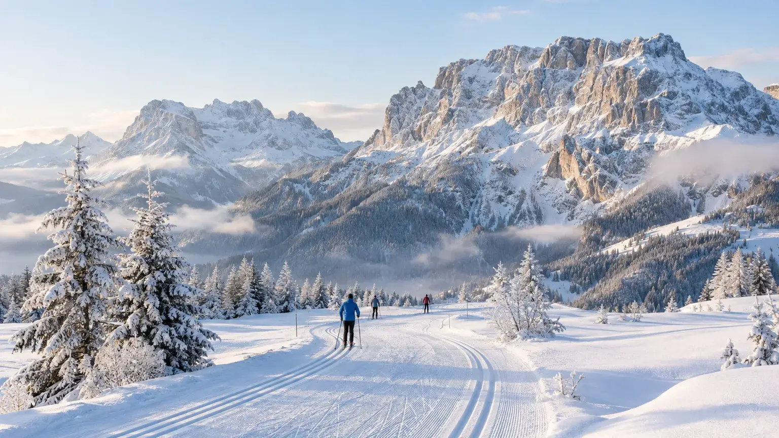 Langlaufloipe auf verschneitem Hochplateau, kleine Langläufer von hinten, im Hintergrund schneebedeckte Felswände
