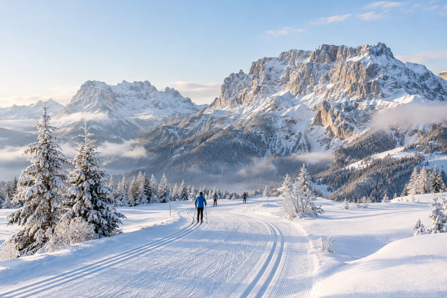 Langlaufloipe auf verschneitem Hochplateau, kleine Langläufer von hinten, im Hintergrund schneebedeckte Felswände