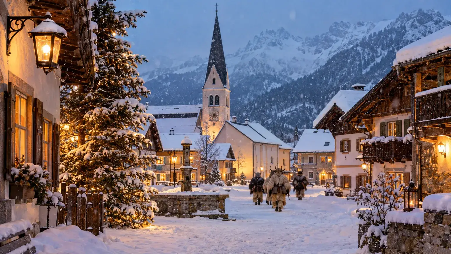 Verschneiter Dorfplatz in den Alpen am Abend, Laternenlicht und unscharfe Gestalten in Fellkostümen in der Ferne